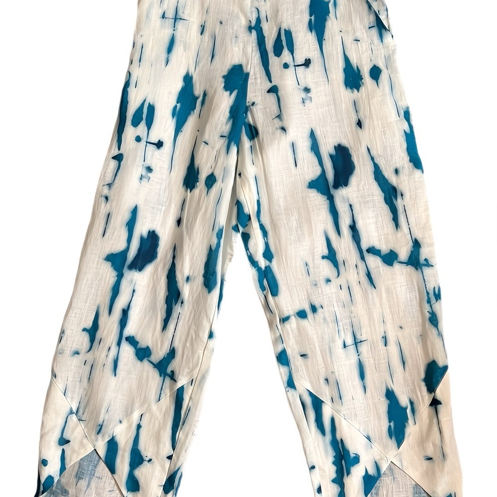 Ozai N Ku Linen Tulip Pants White Turquoise Tie Dye Coastal Resort Size S Summer - Picture 4 of 12